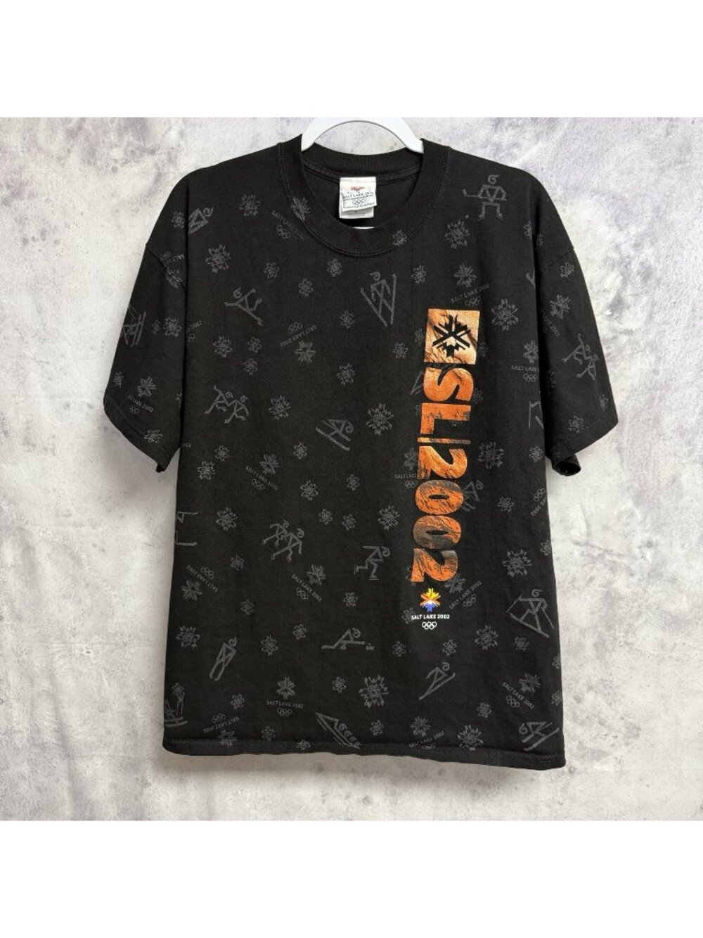 Vintage Salt Lake 2002 Olympics T Shirt Mens XL Black All Over Print 90s